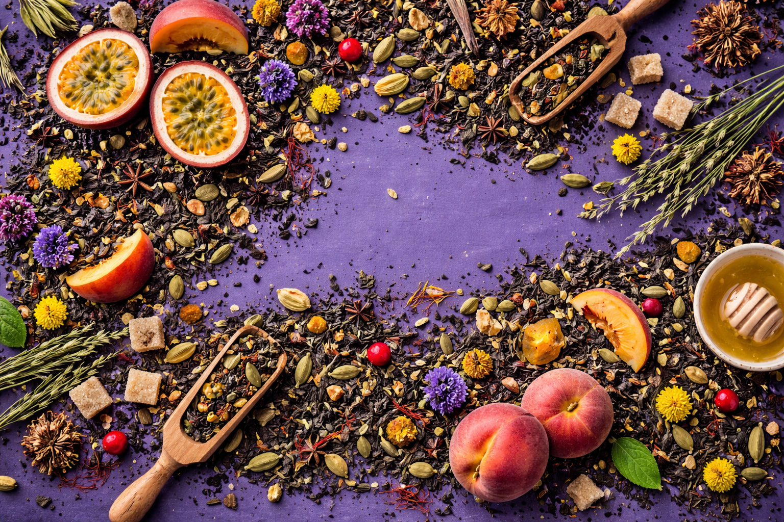 Peaches, herbs, flowers, and honey on a purple background