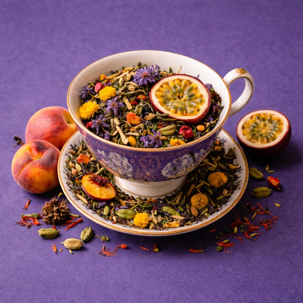 Naomii’s Blend: a floral teacup filled with herbs, peach, and passionfruit